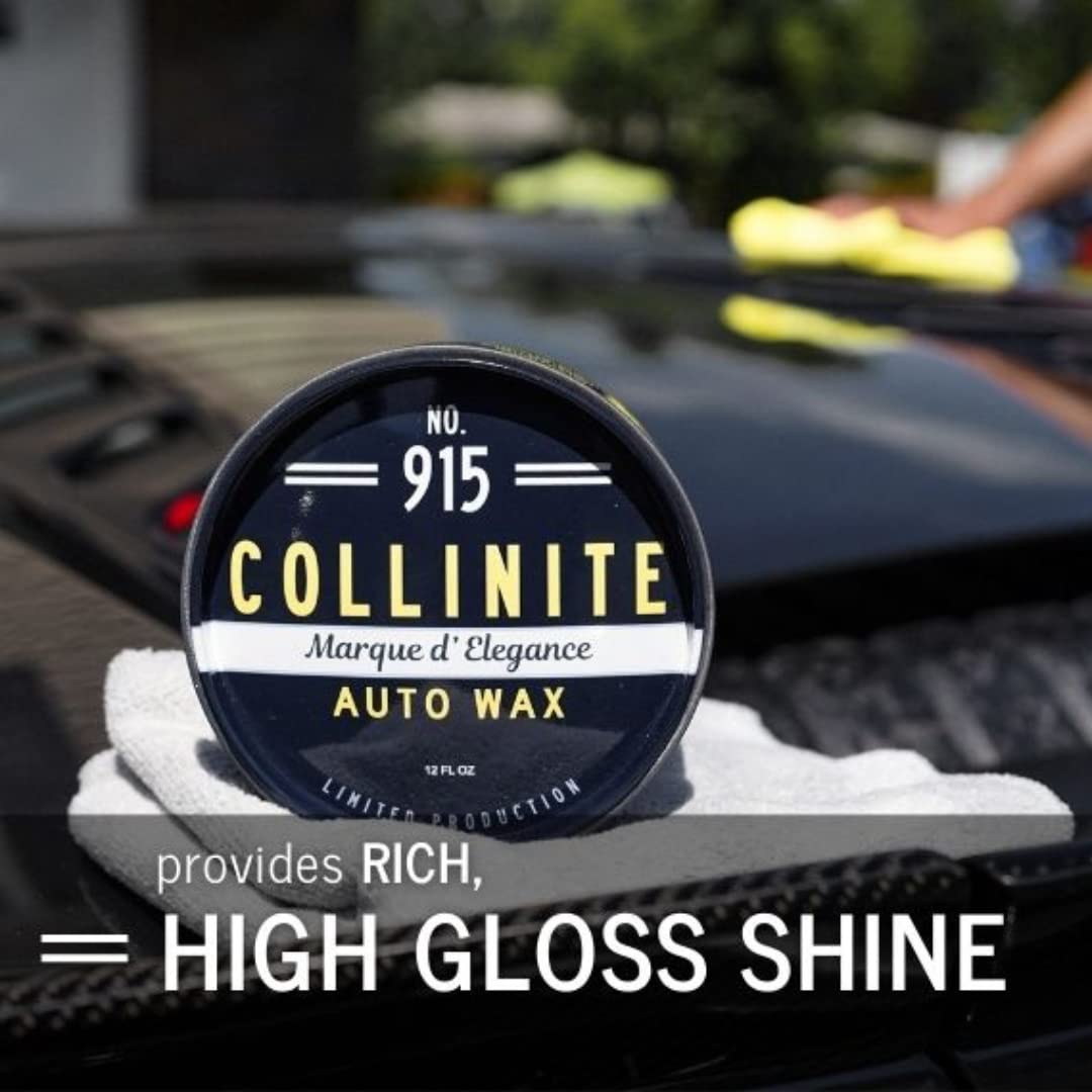 Collinite 915 tin beside a 12 fl oz scale illustrating product size and economical coverage