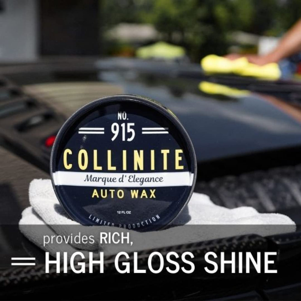 Collinite 915 tin beside a 12 fl oz scale illustrating product size and economical coverage