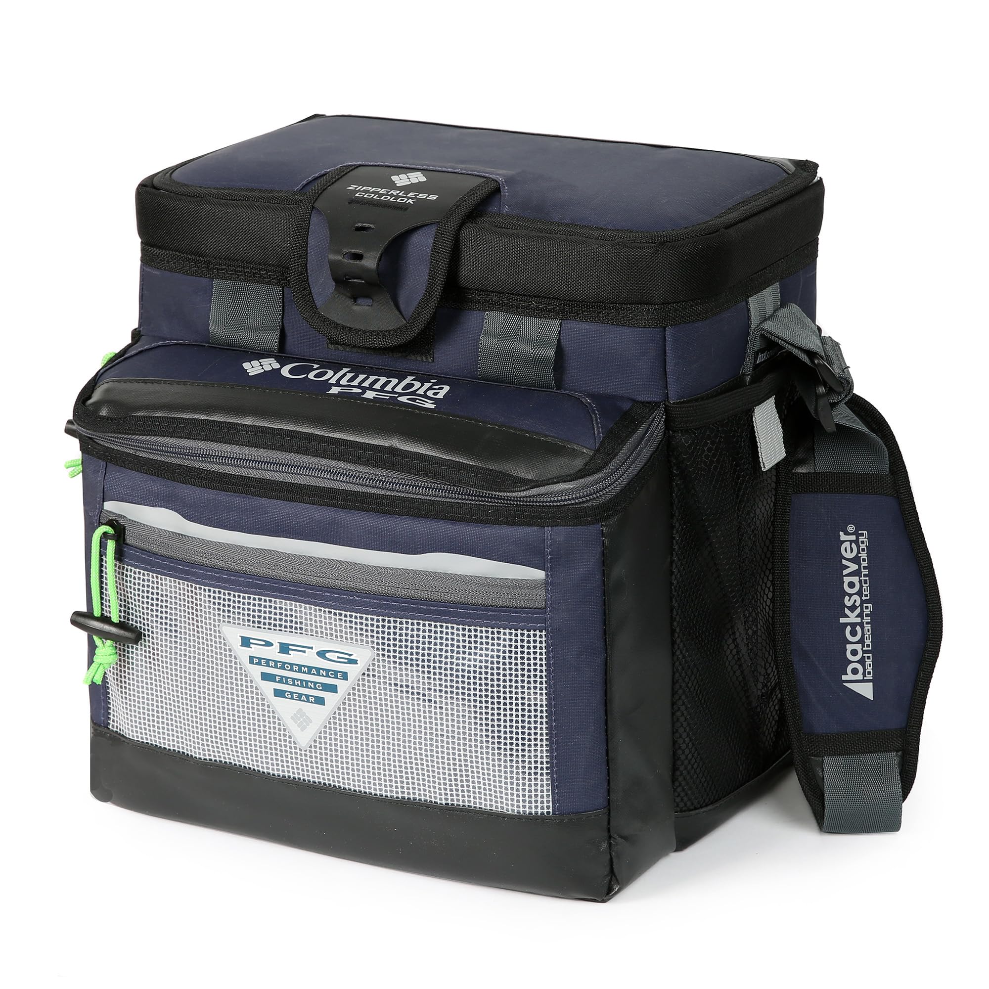 Columbia PFG cooler front view showing zipperless flip-open lid and quick access