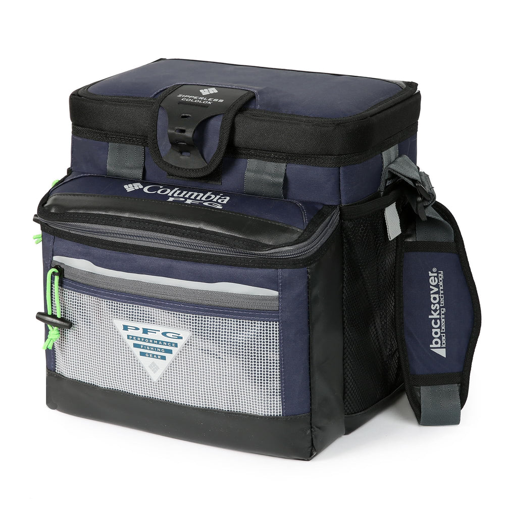 Columbia PFG cooler front view showing zipperless flip-open lid and quick access