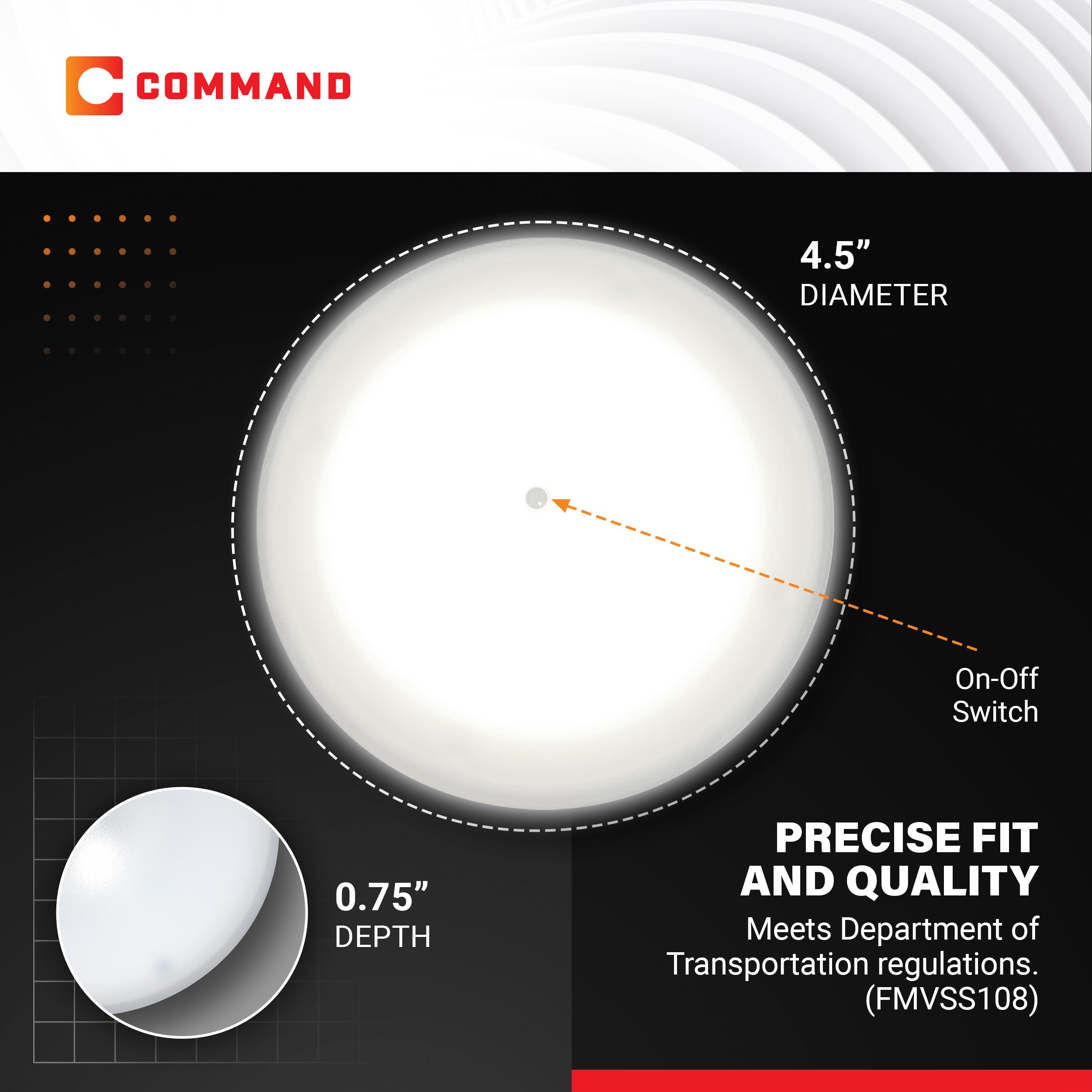 Command Electronics side profile illustrating 0.75 inch low depth to fit tight ceilings