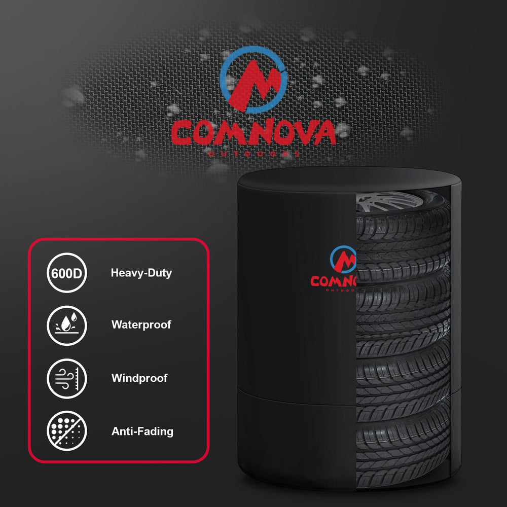 M COMNOVA OUTDOORS cover installed on RV spare tire protecting from elements