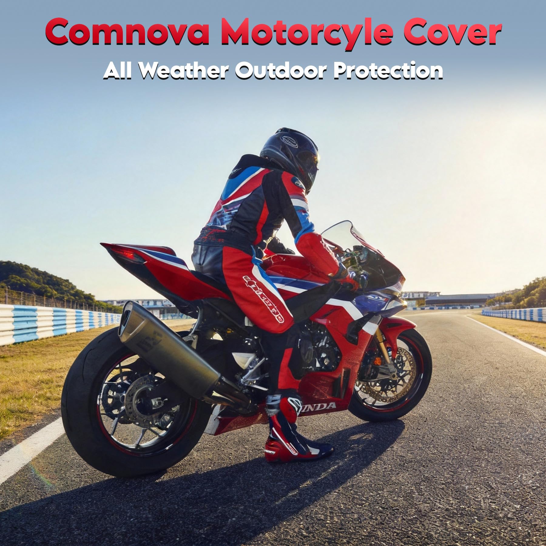 M COMNOVA OUTDOORS lifestyle shot of covered bike parked outdoors safely