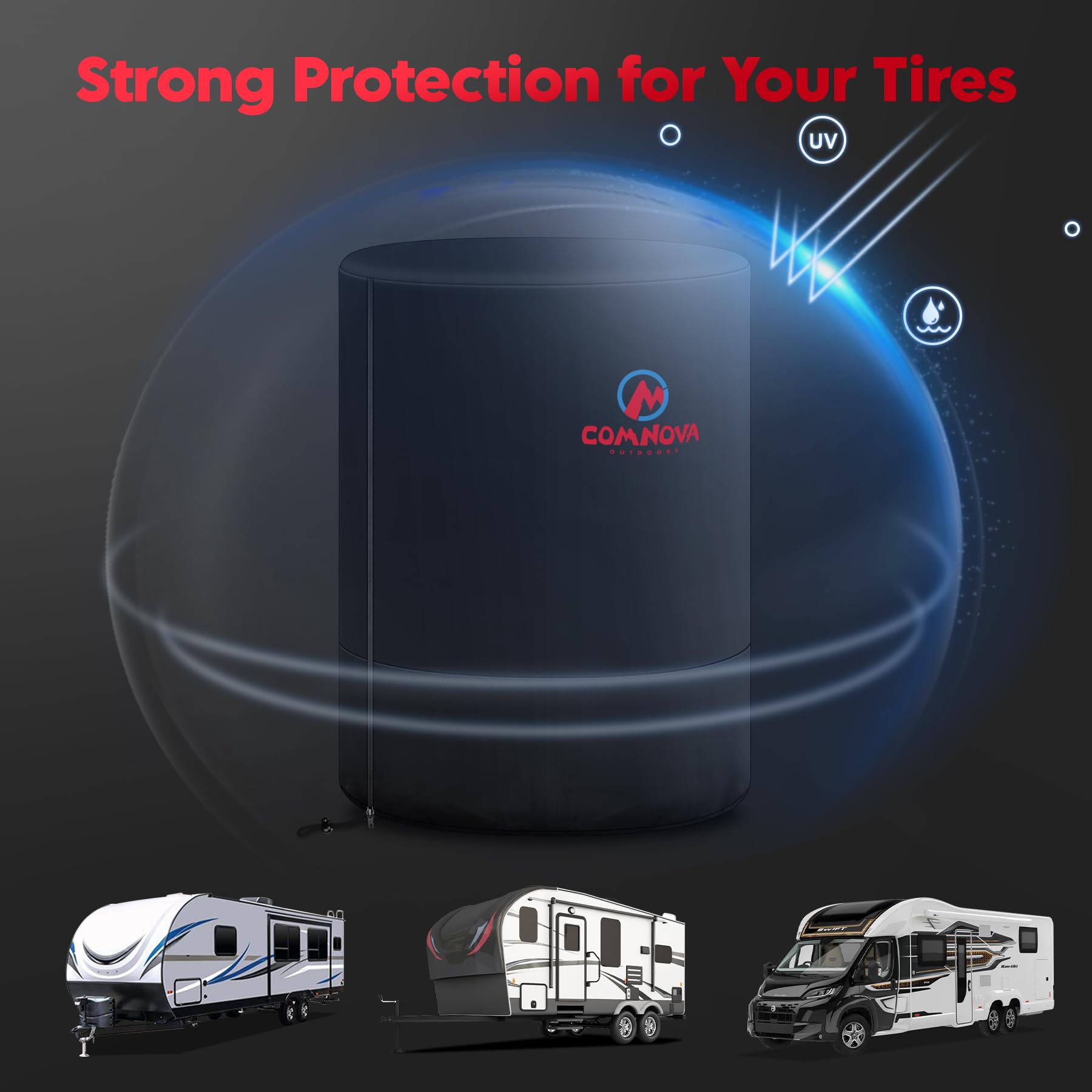M COMNOVA OUTDOORS side profile of tire inside cover showing full coverage