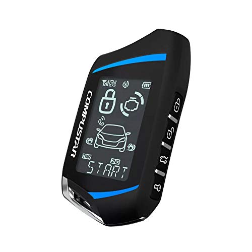 Compustar remote in hand at distance demonstrating 3000-foot range for remote start and lock convenience