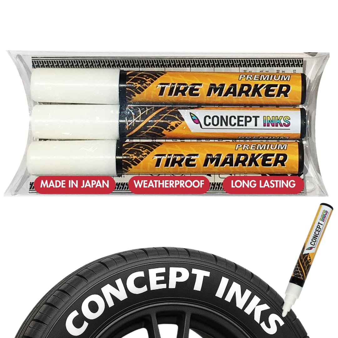 ConceptInks front packaging showing three white tire marker pens and product benefits