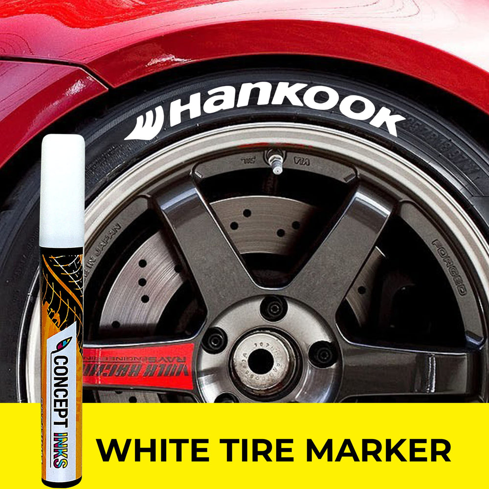 ConceptInks lifestyle shot of a parked car with bold white tire letters for style