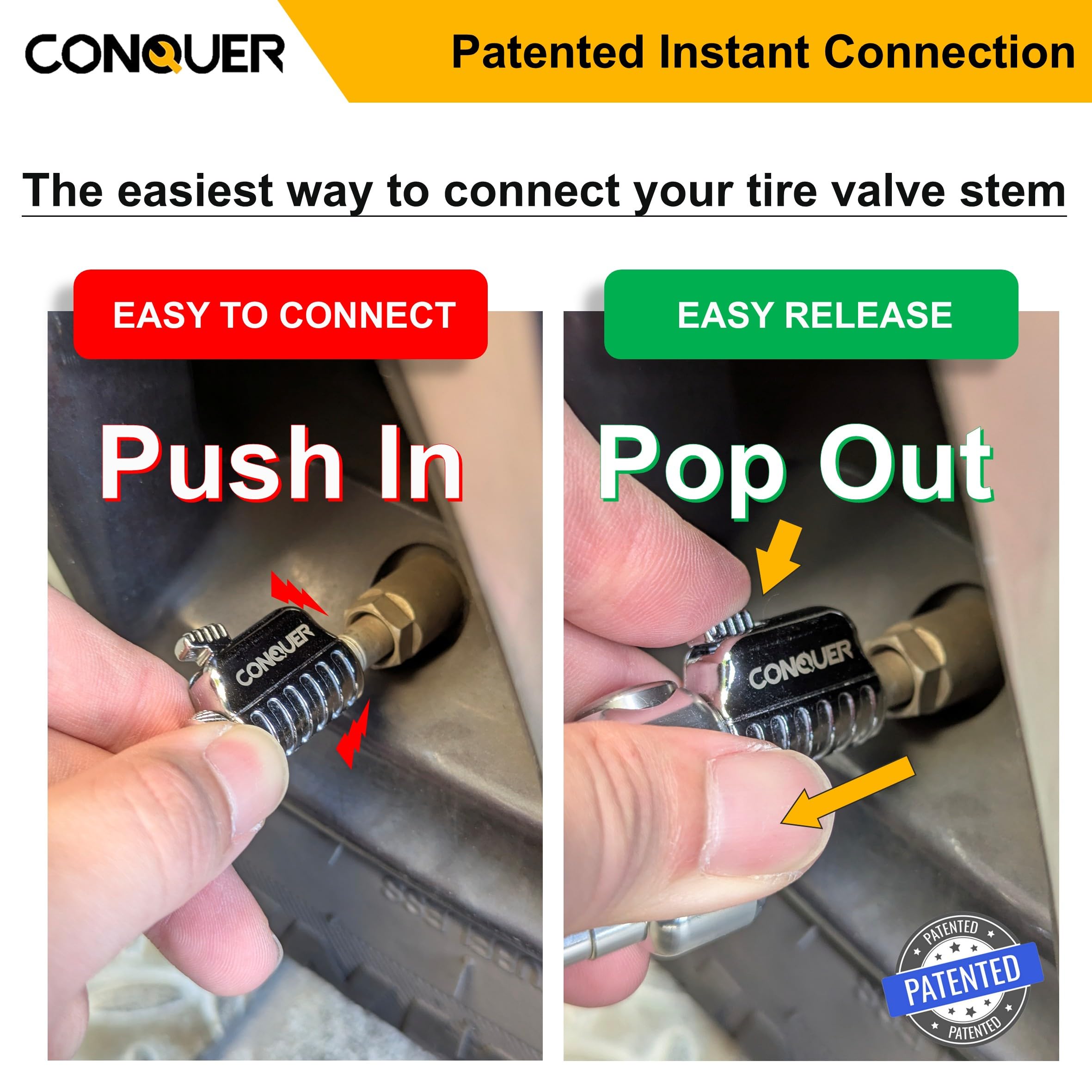 CONQUER 7-inch extension attached to dually truck wheel for reach and convenience