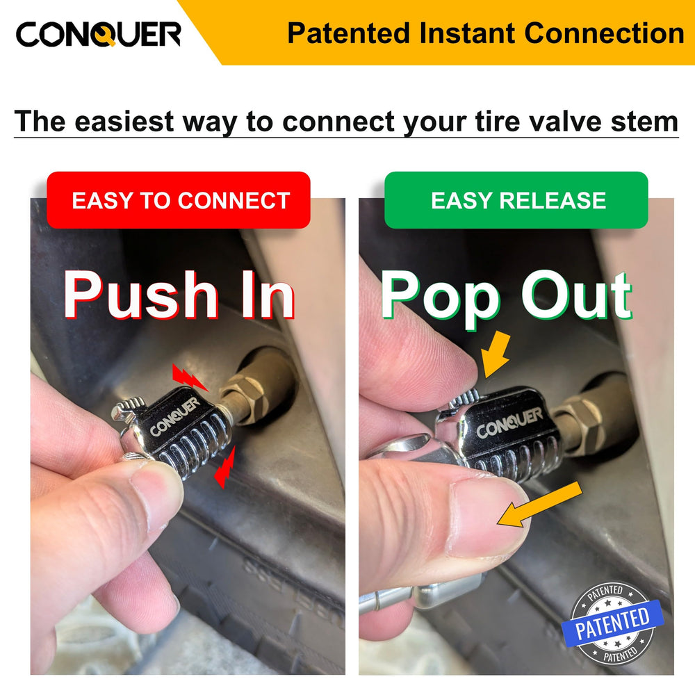 CONQUER 7-inch extension attached to dually truck wheel for reach and convenience