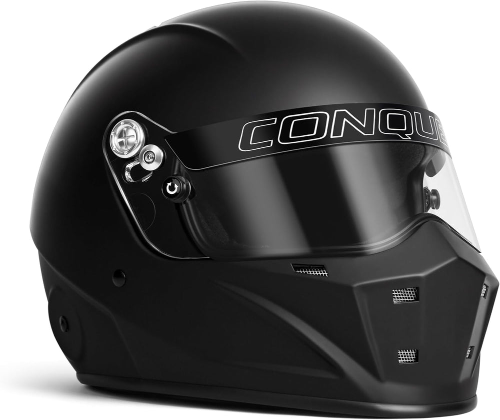 Conquer helmet front view showing aerodynamic shell and visual protection benefit
