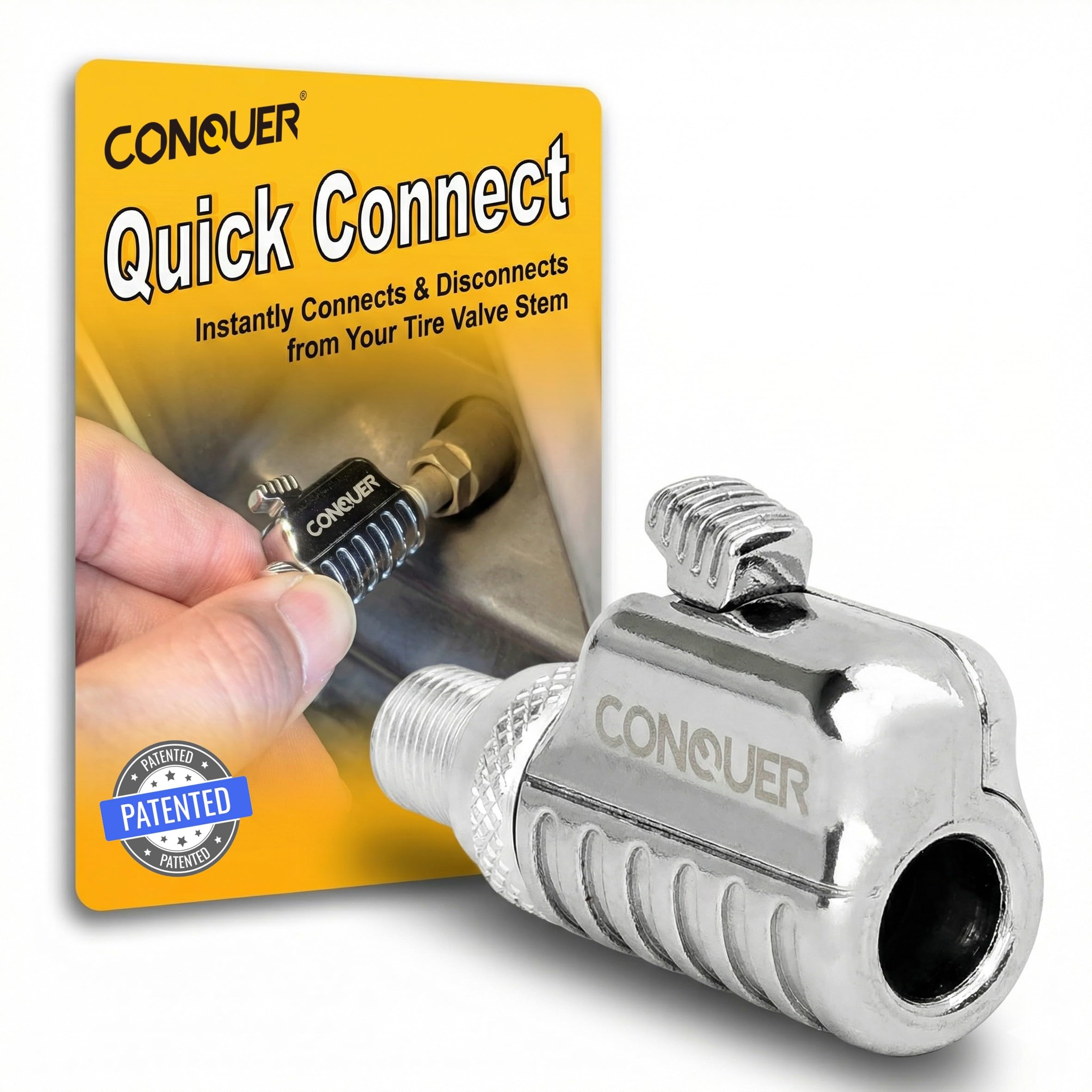 CONQUER front view showing metal quick-connect and benefits of secure grip