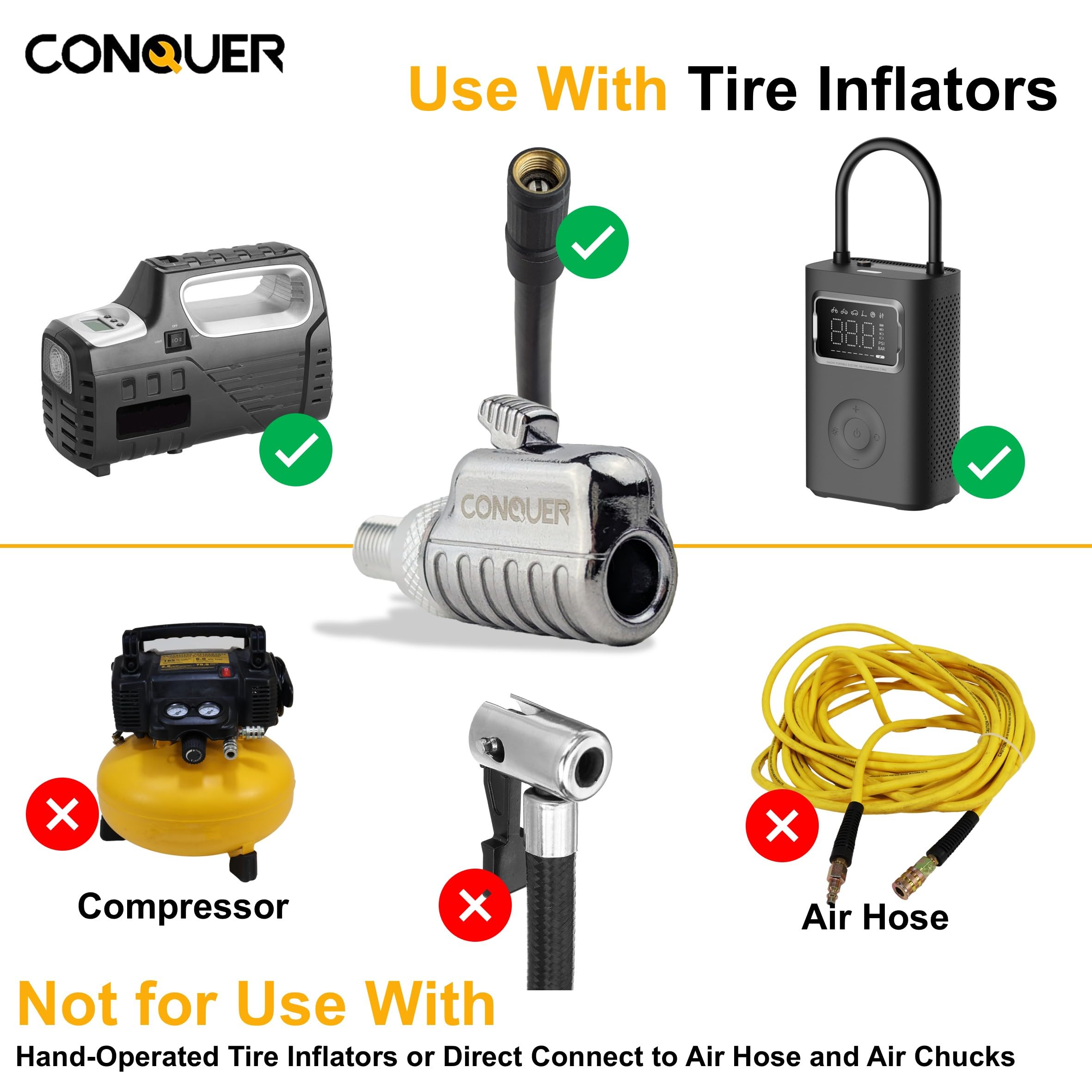 CONQUER attached to air hose demonstrating durable workshop connection