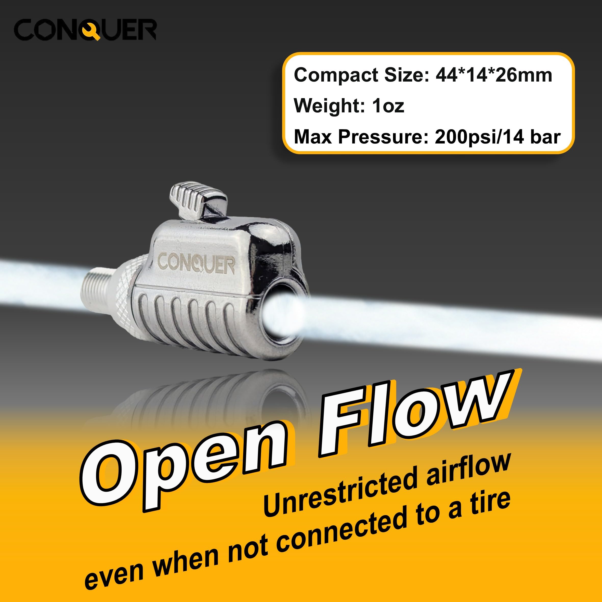 CONQUER fitted to motorcycle rim highlighting reach to tight valves