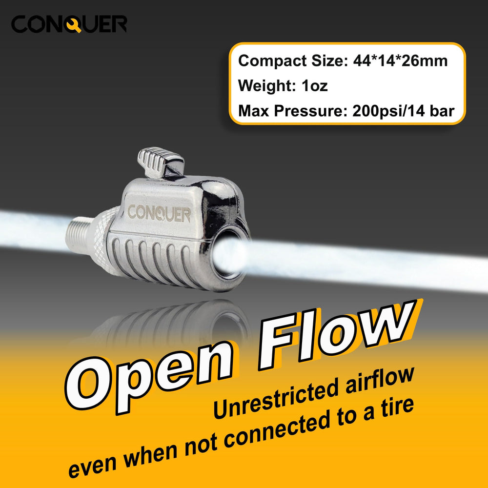 CONQUER fitted to motorcycle rim highlighting reach to tight valves