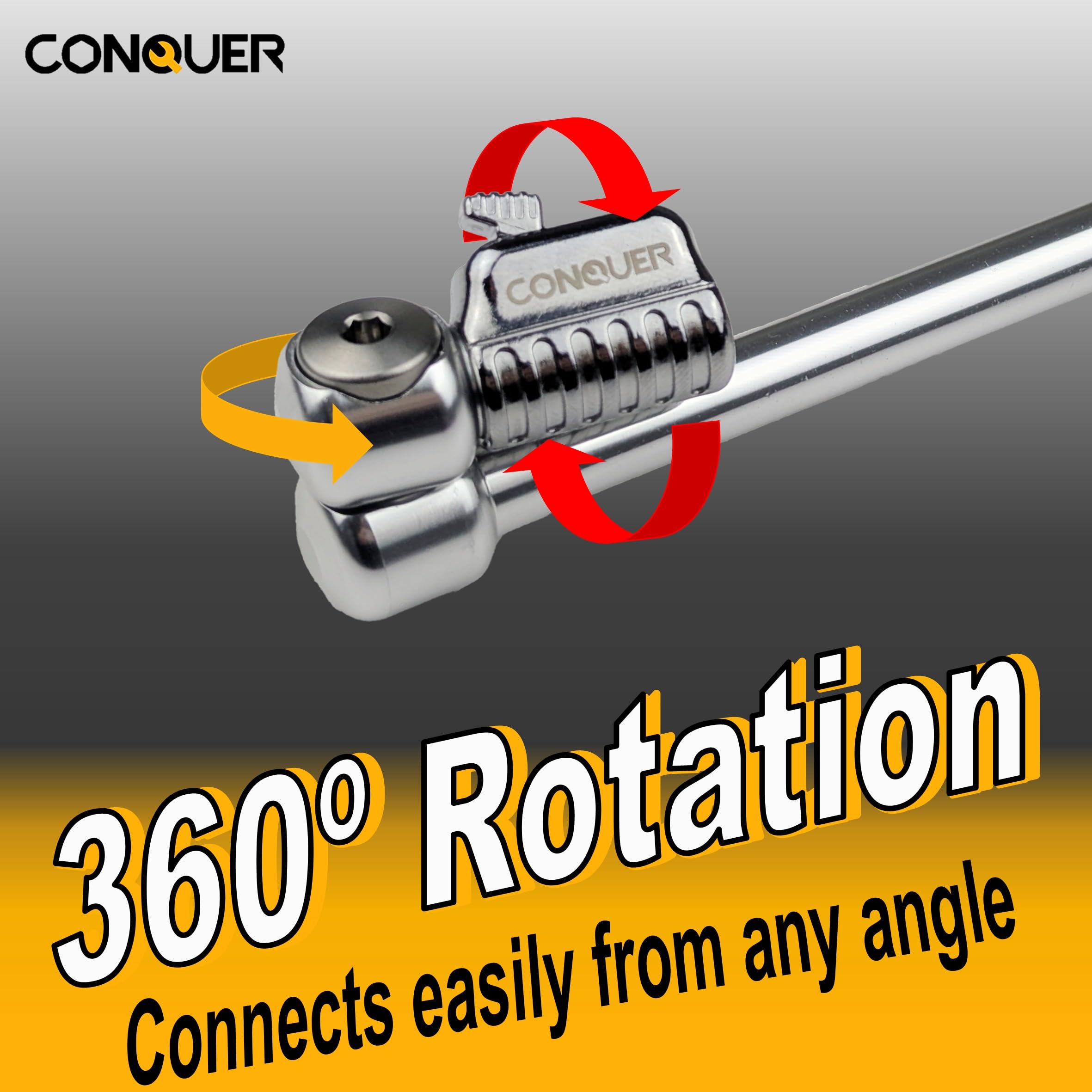 CONQUER swivel head detail demonstrating 360-degree alignment and easy access