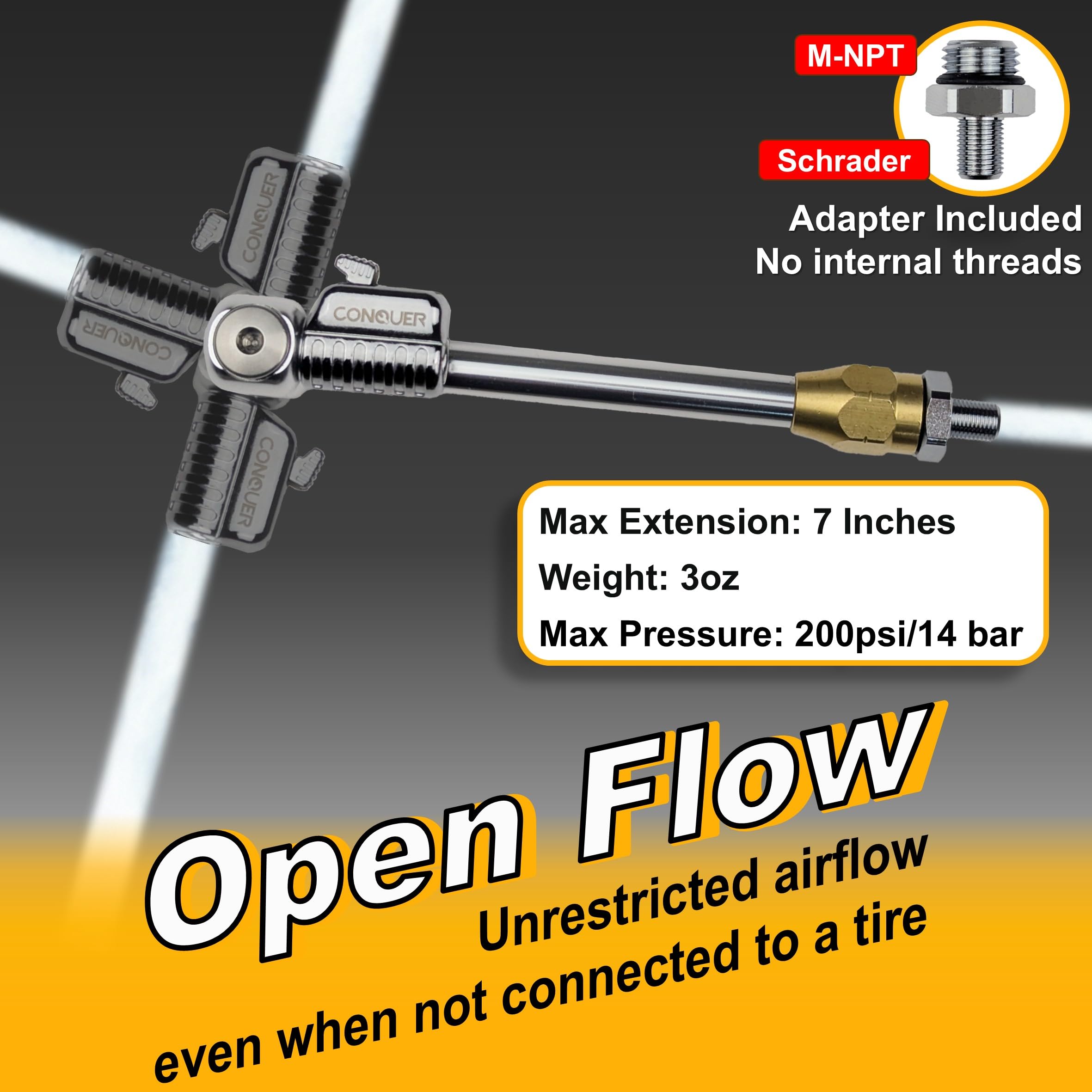 CONQUER 1/4" F-NPT thread and Schrader adapter detail for universal compatibility