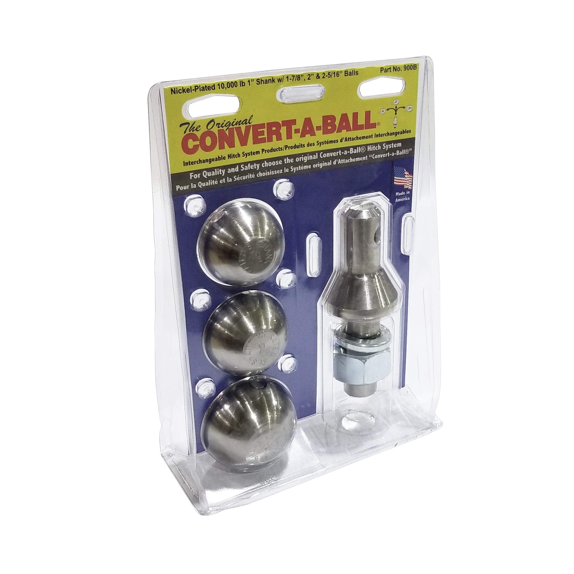 Convert-A-Ball 900B front view showing shank and three balls for versatile towing