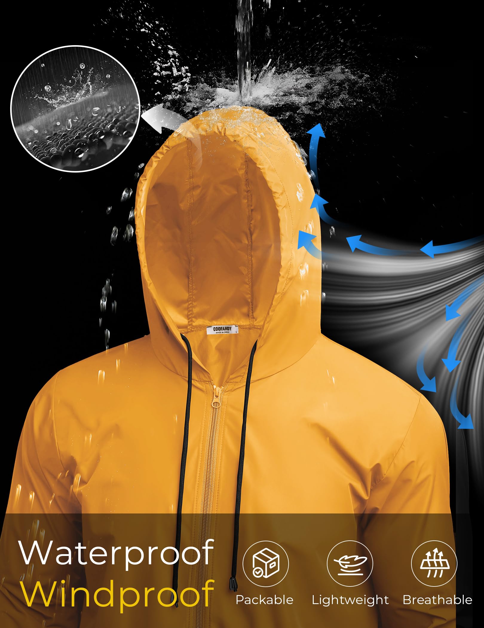 COOFANDY model cycling in raincoat showing mobility and weather protection while commuting