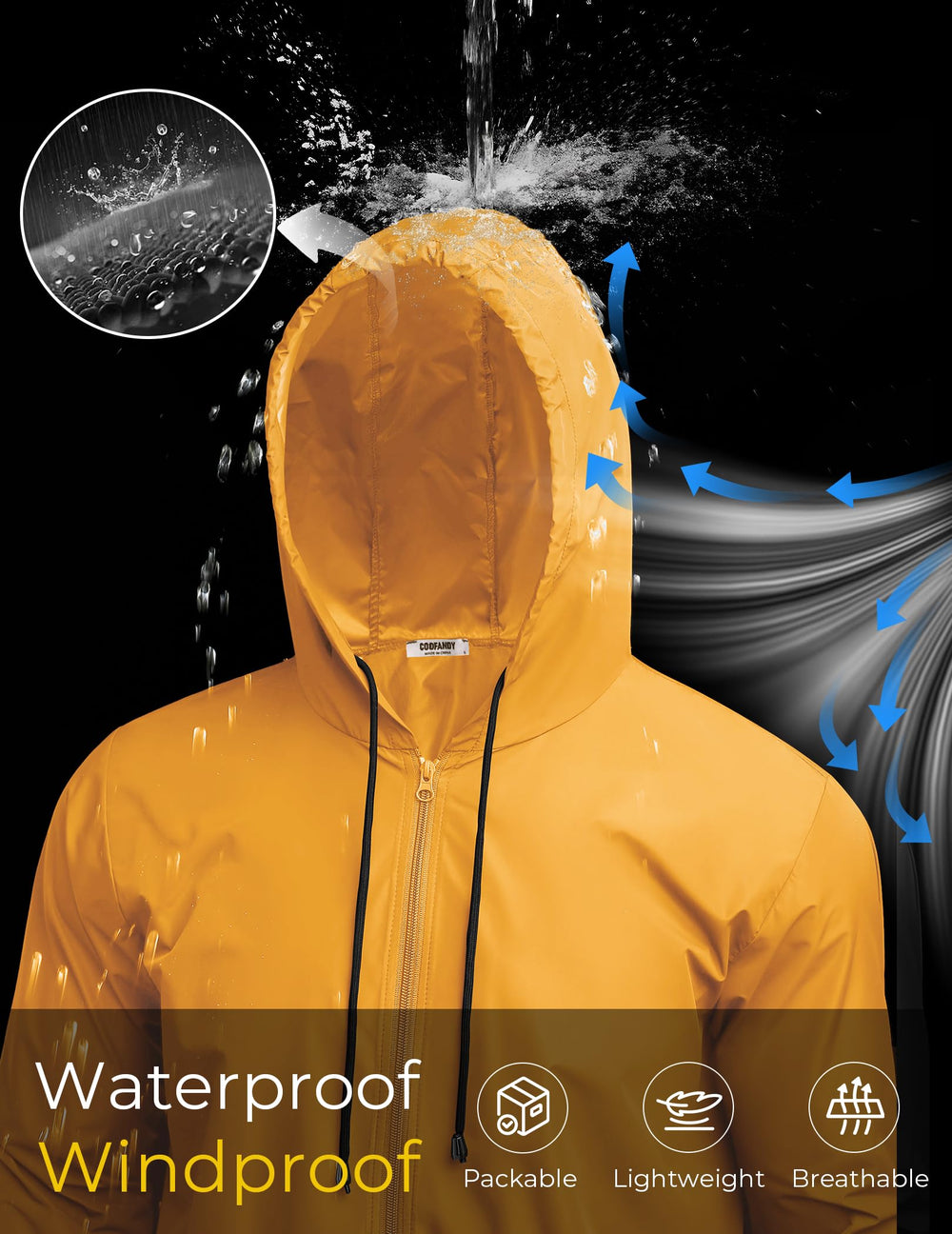 COOFANDY model cycling in raincoat showing mobility and weather protection while commuting