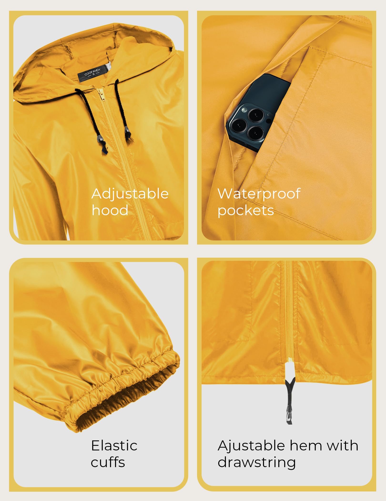 COOFANDY raincoat laid flat next to everyday items to show scale and pack size