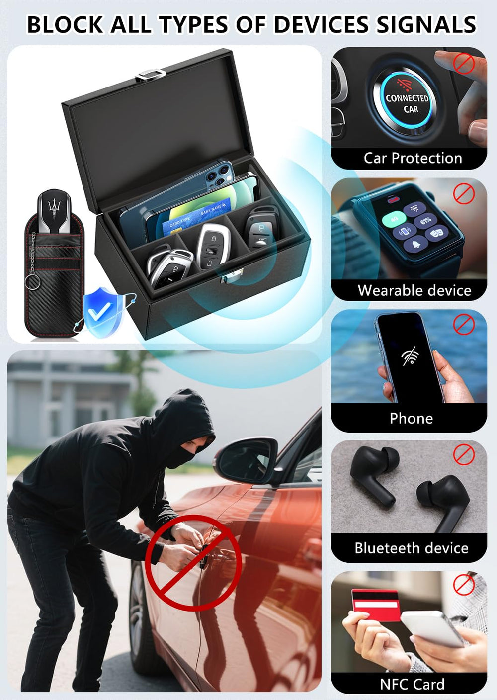 Coorattyes carbon-fiber pouch with keychain for portable signal blocking