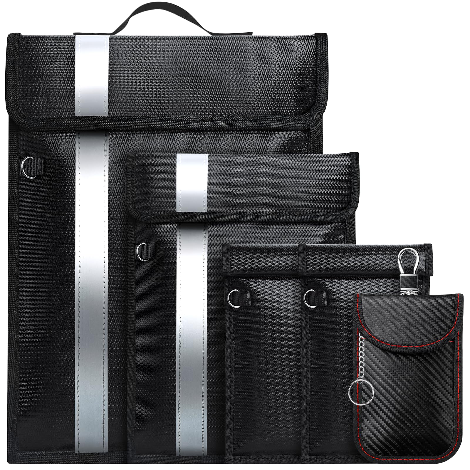 Coorattyes front view of five-pack showing sizes and handle, useful for organizing devices