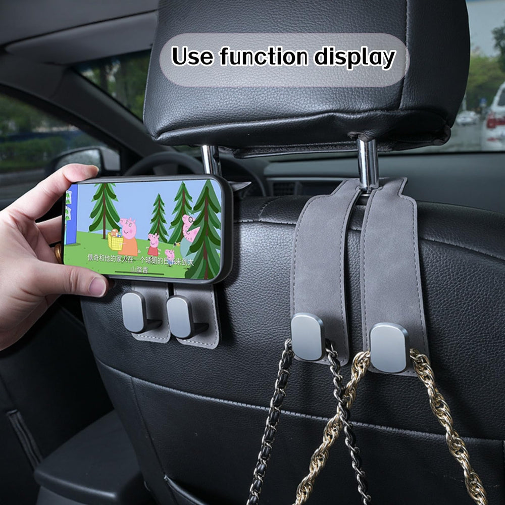 Coozyland hook in use with a handbag showing easy access and tidy seat-back storage