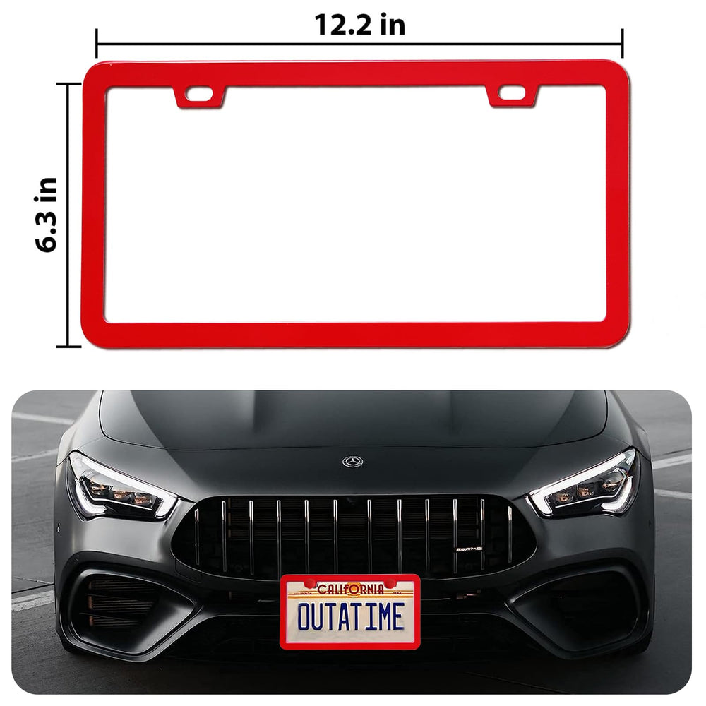 CoPvner frame on parked car adding a bold red accent and neat appearance benefit
