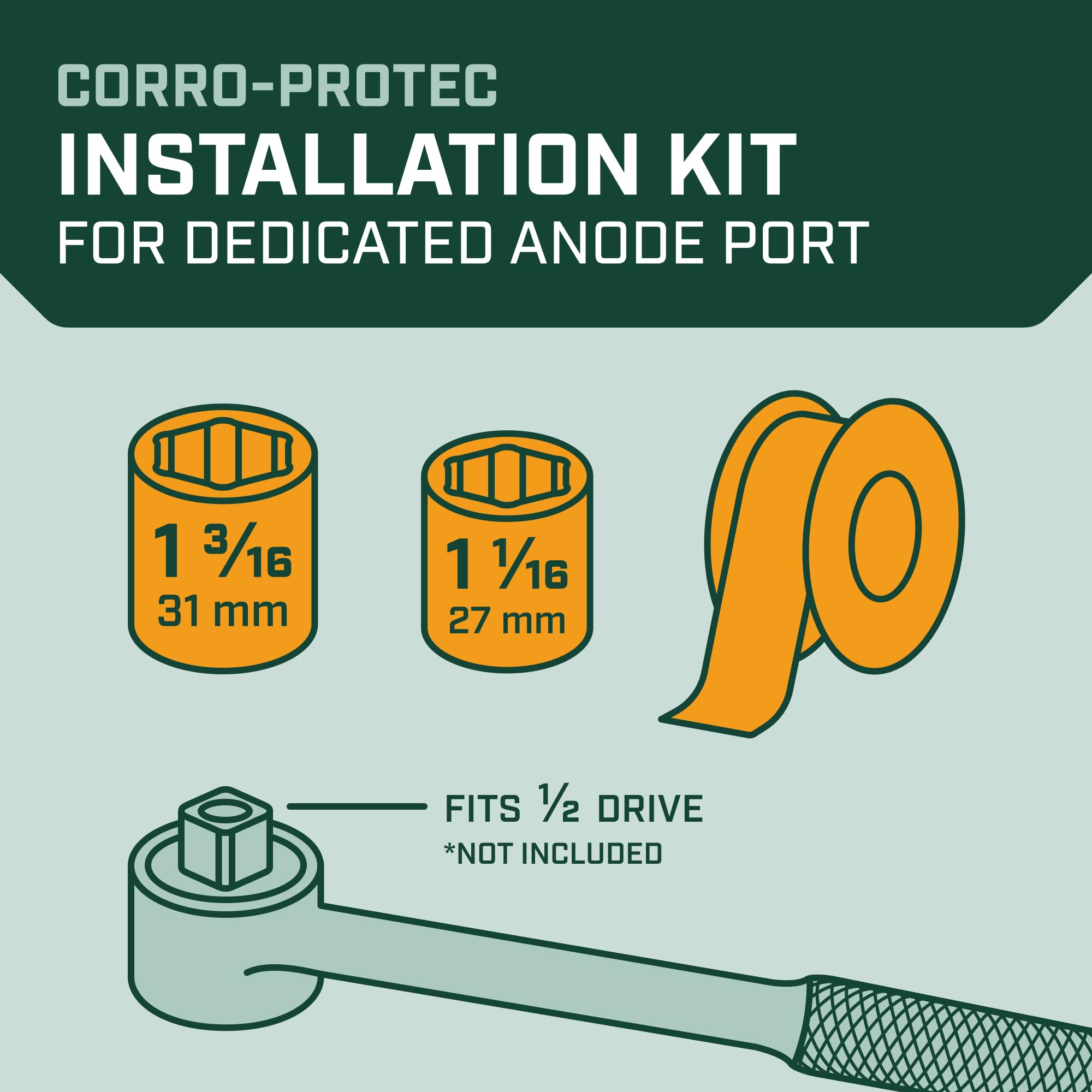 Corro-Protec socket close-up highlighting durable 1-3/16 and 1-1/16 sizes for secure fit