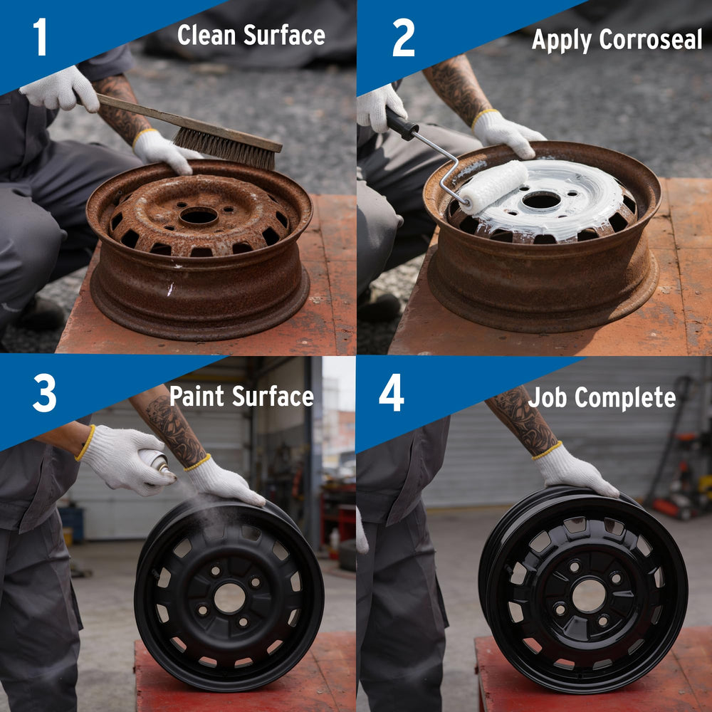 Corroseal spray application on boat hull showing marine rust protection benefit