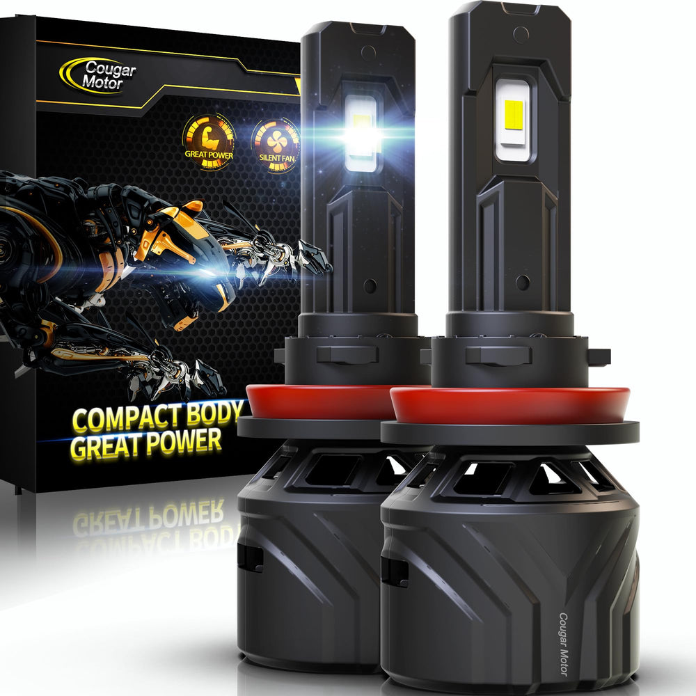Cougar Motor front view of two H11 bulbs showing plug-and-play convenience