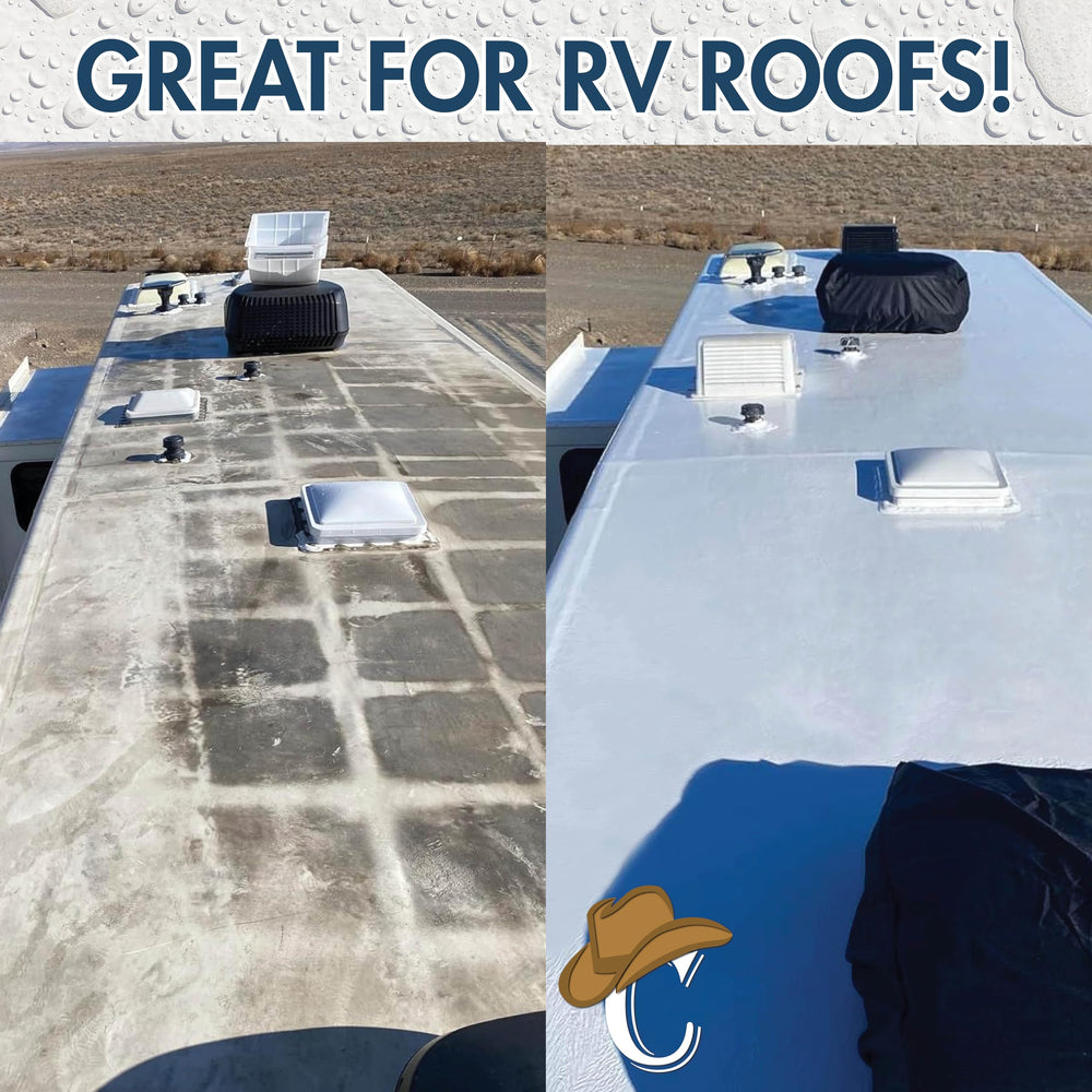 Brush applying Countryman silicone to an RV roof demonstrating easy application and seamless coverage