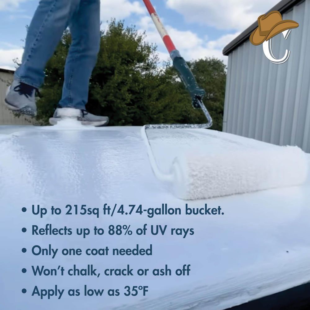 Airless sprayer laying Countryman silicone on a flat commercial roof for fast, uniform coating