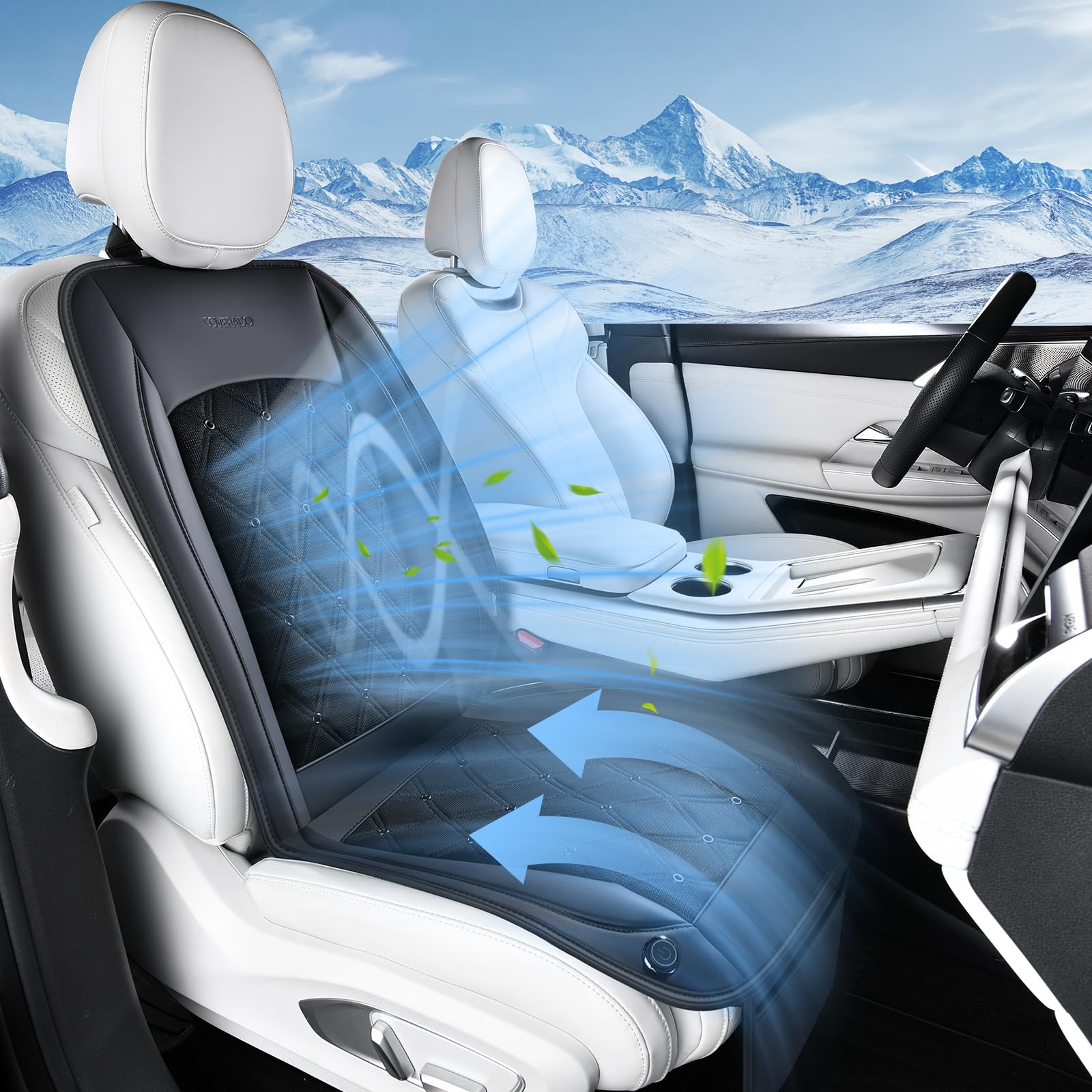 Coverado front seat cover overview showing full fit and cooling benefit