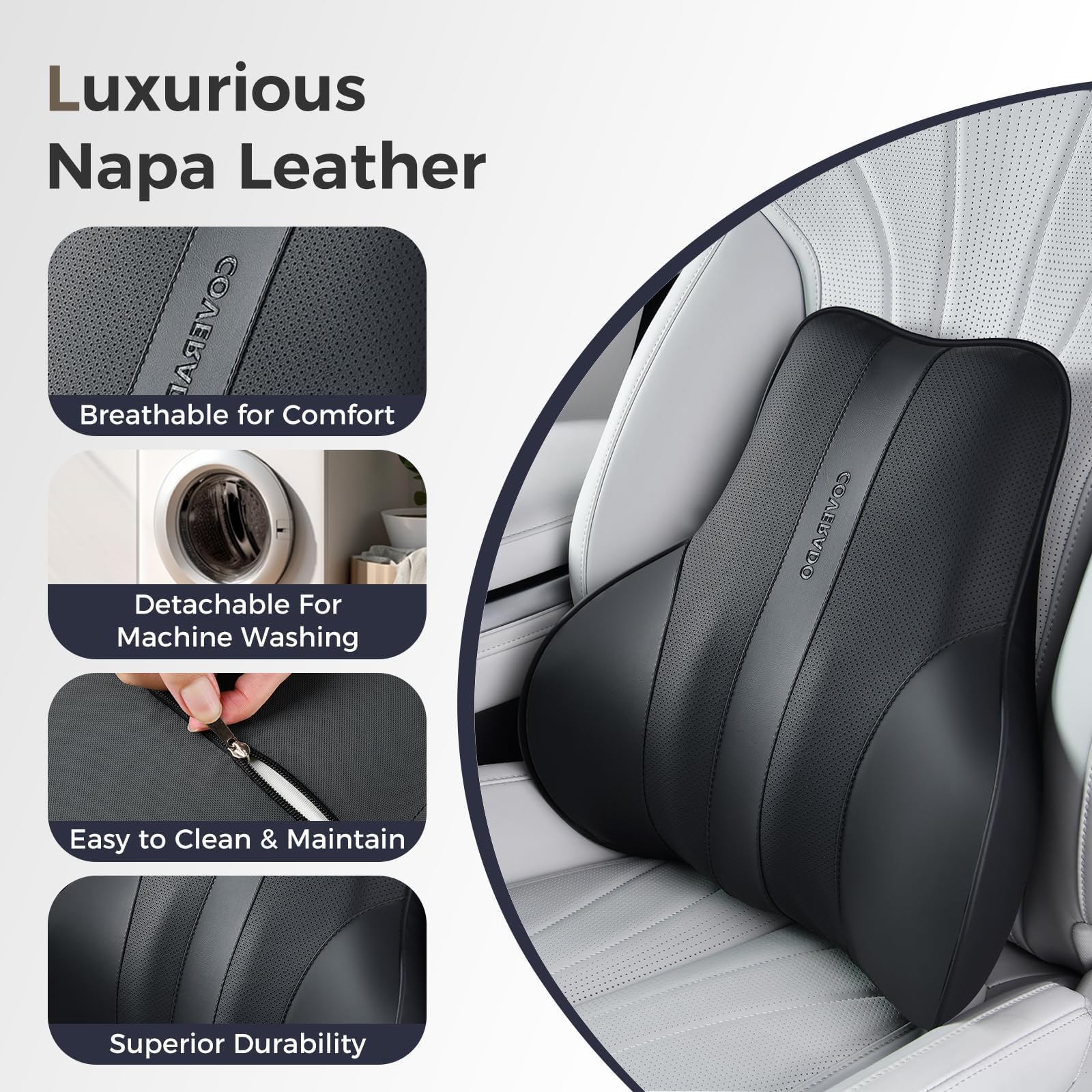 Coverado pillow installed in car seat offering stable lower-back support