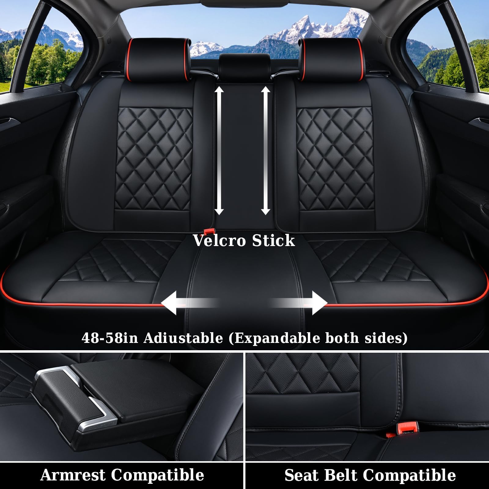 Coverado three-piece rear seat covers showing velcro attachment options