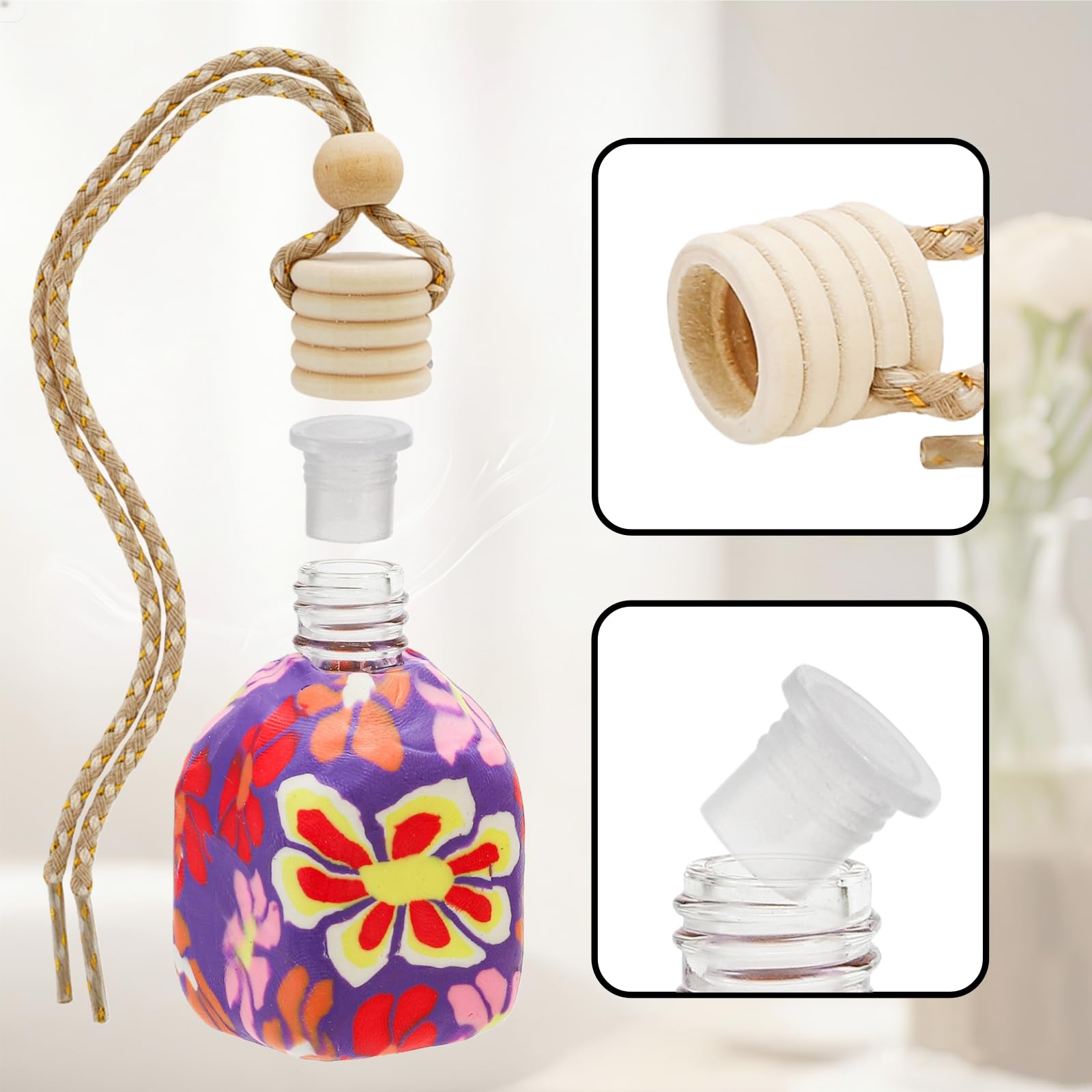 Covzoe bottle hanging from car mirror offering discreet fragrance diffusion