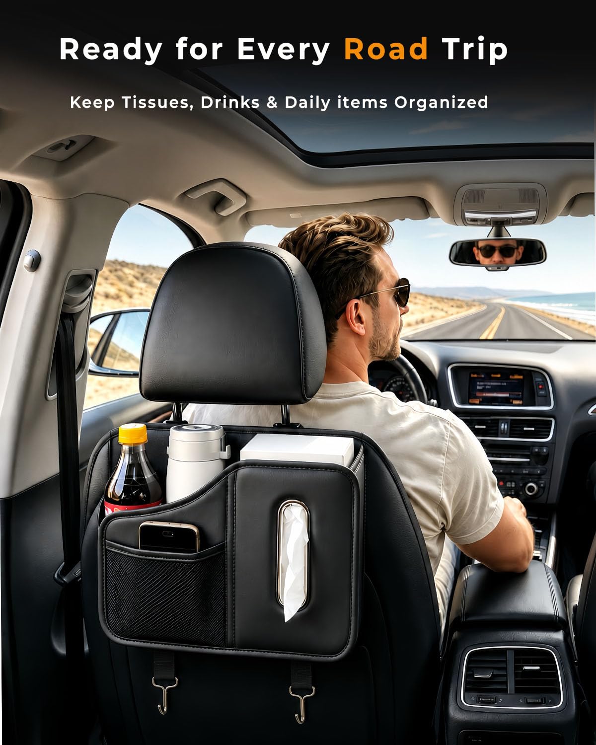 COZILO in a family roadtrip setting keeping drinks and tissues handy