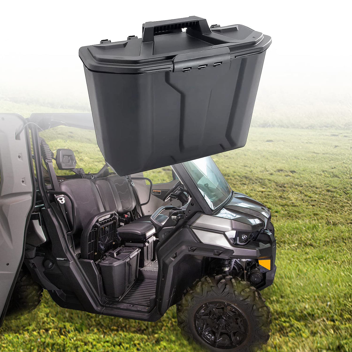 CPOWACE front view of right-side underseat bin showing compact profile and protection