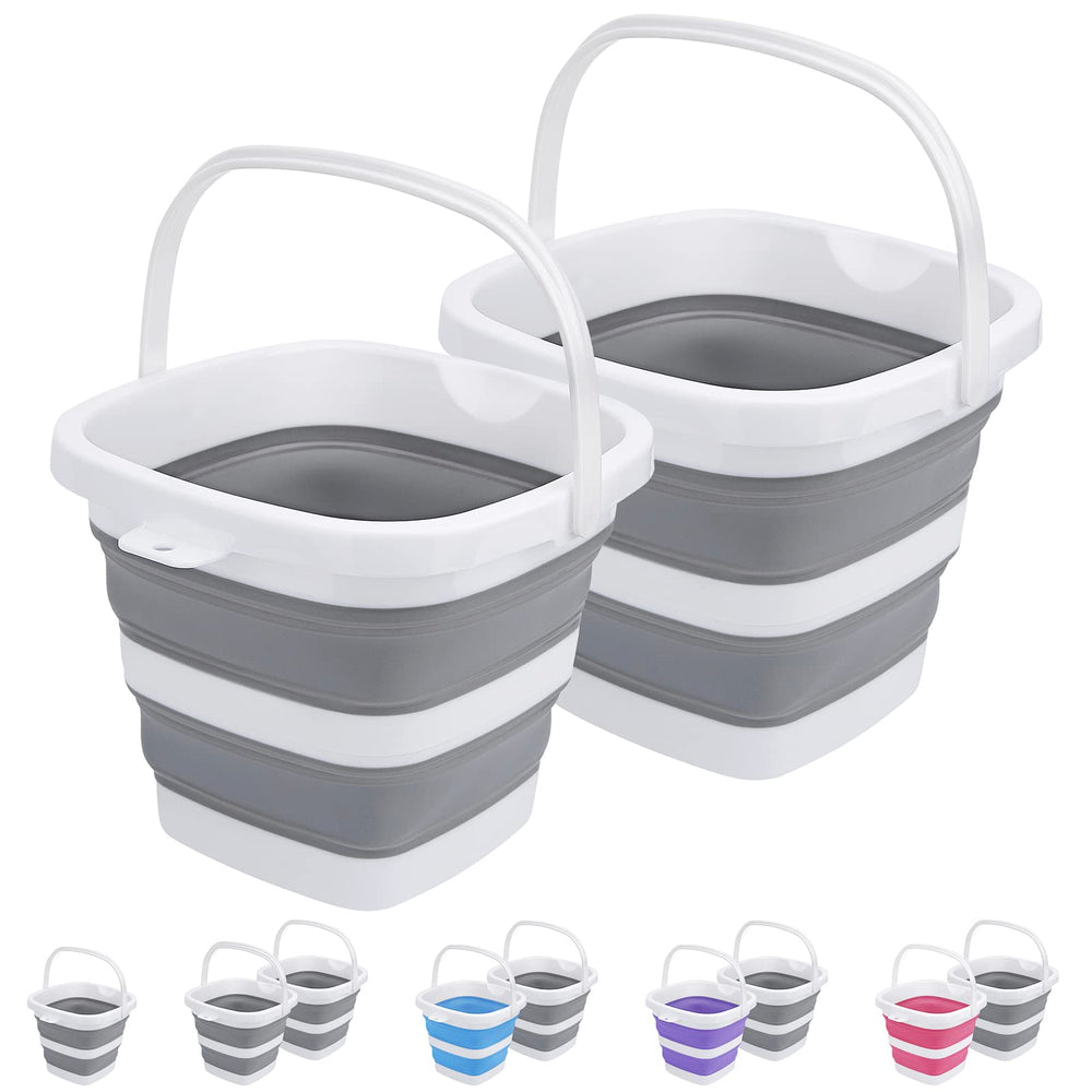Craftend front view of two grey collapsible buckets showing compact set