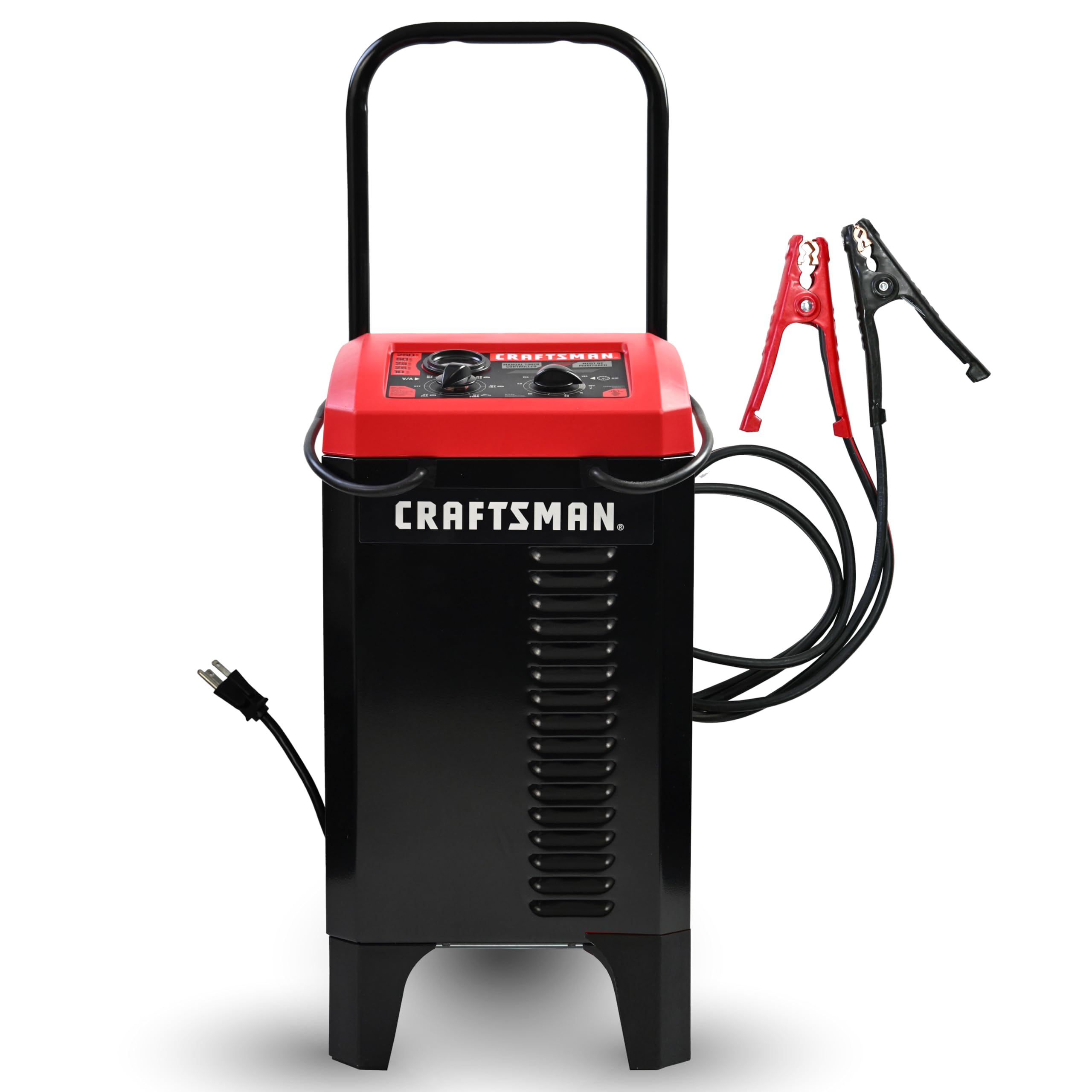 CRAFTSMAN front view of the charger showing controls and steel case for durability