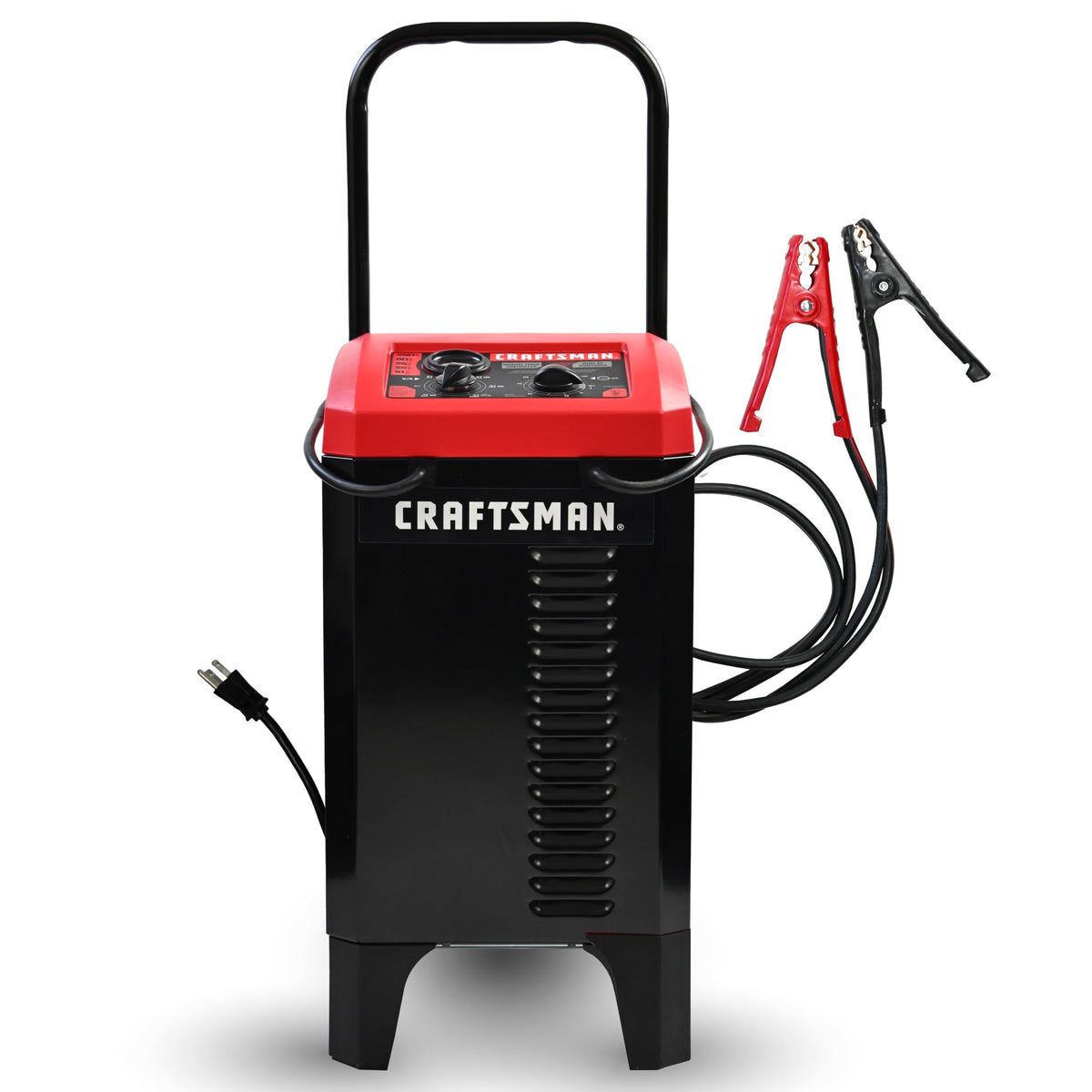 CRAFTSMAN front view of the charger showing controls and steel case for durability