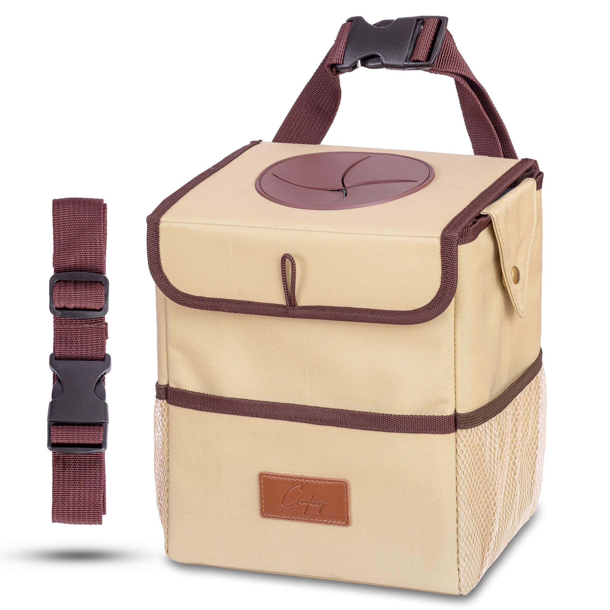 Creathing front view showing compact trash can and secure design benefit: keeps car tidy