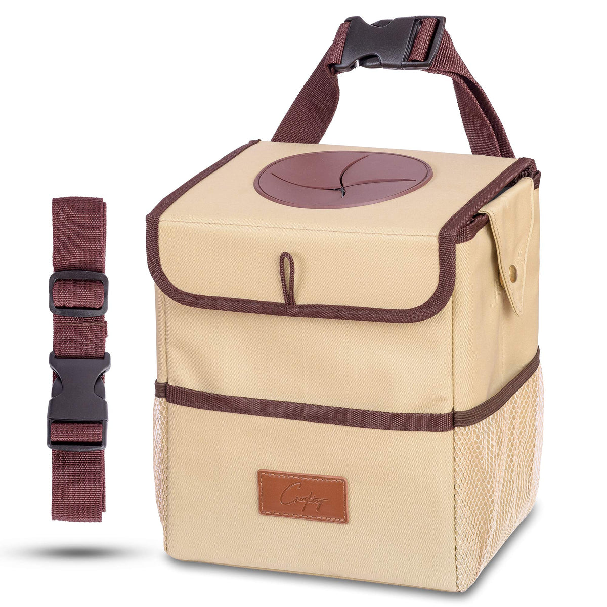 Creathing front view showing compact trash can and secure design benefit: keeps car tidy