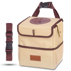 Creathing front view showing compact trash can and secure design benefit: keeps car tidy