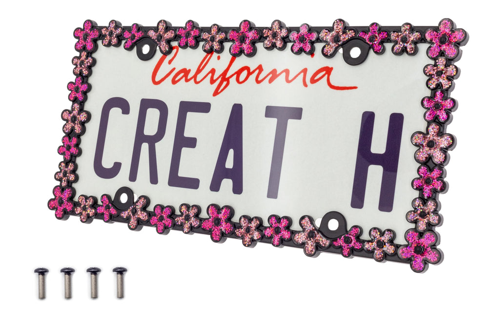 creathome front view of matte black daisy license frame, shows elegant styling and secure fit