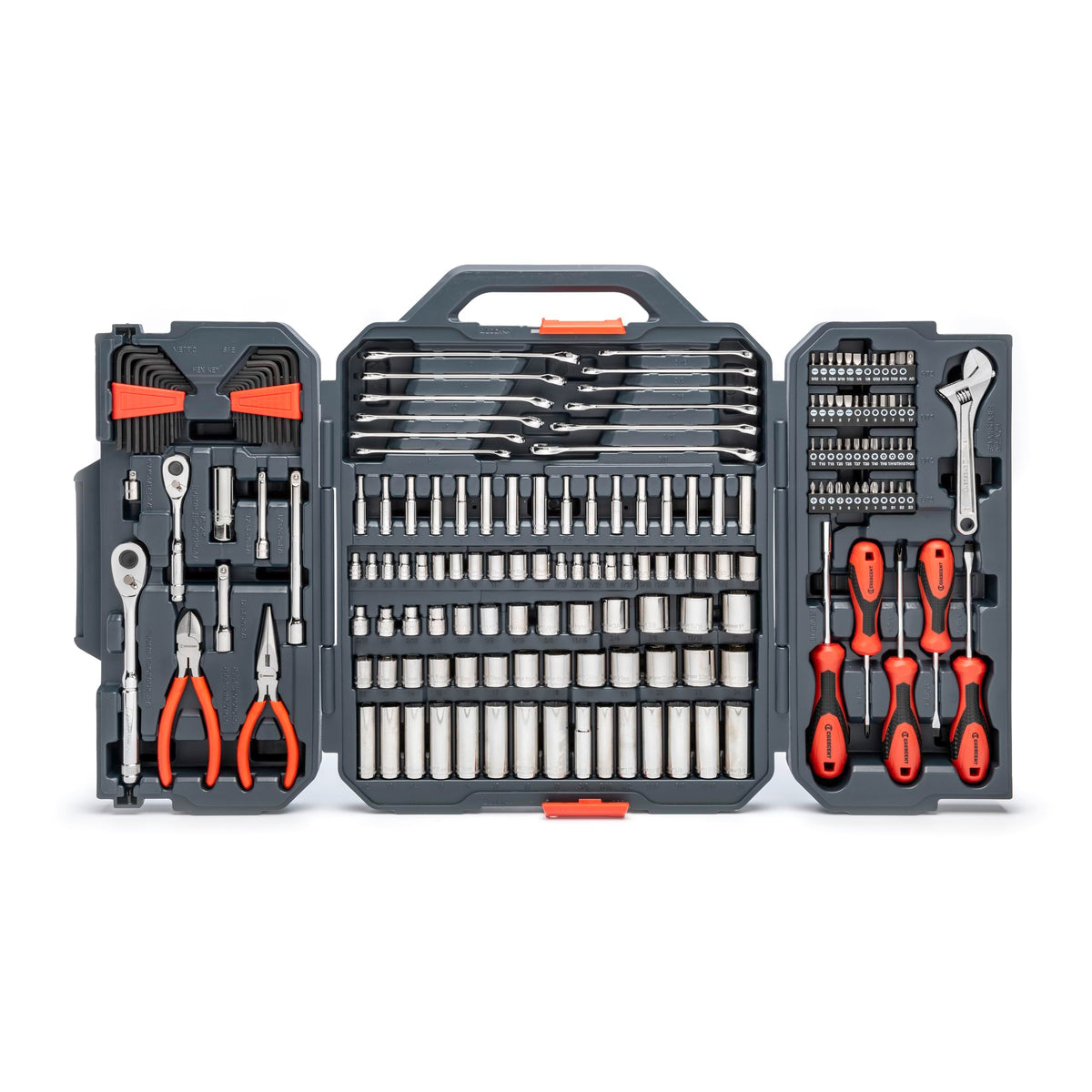 Crescent front open case showing full 180-piece kit and organized layout