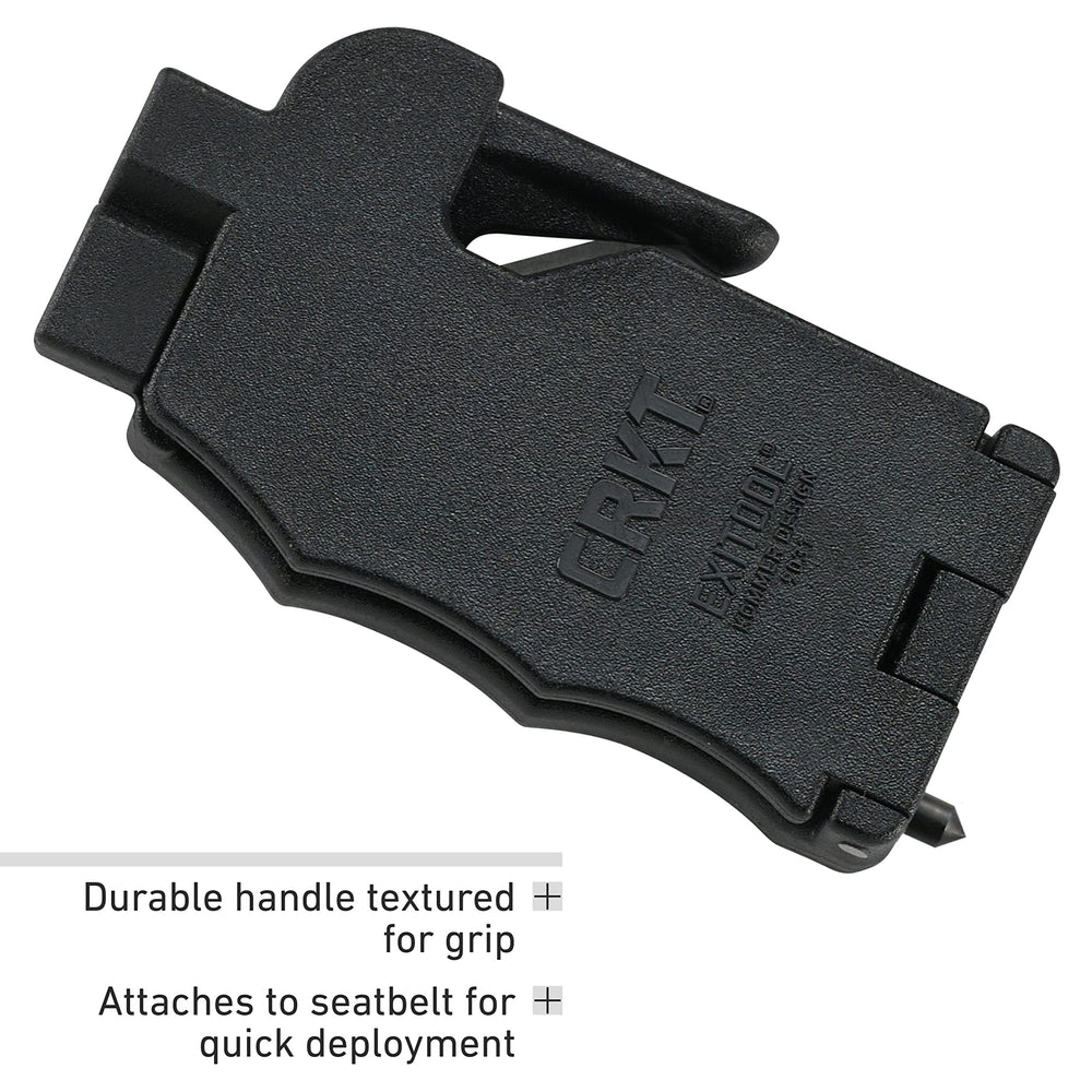 CRKT mounted on a car seatbelt illustrating immediate reach during emergencies