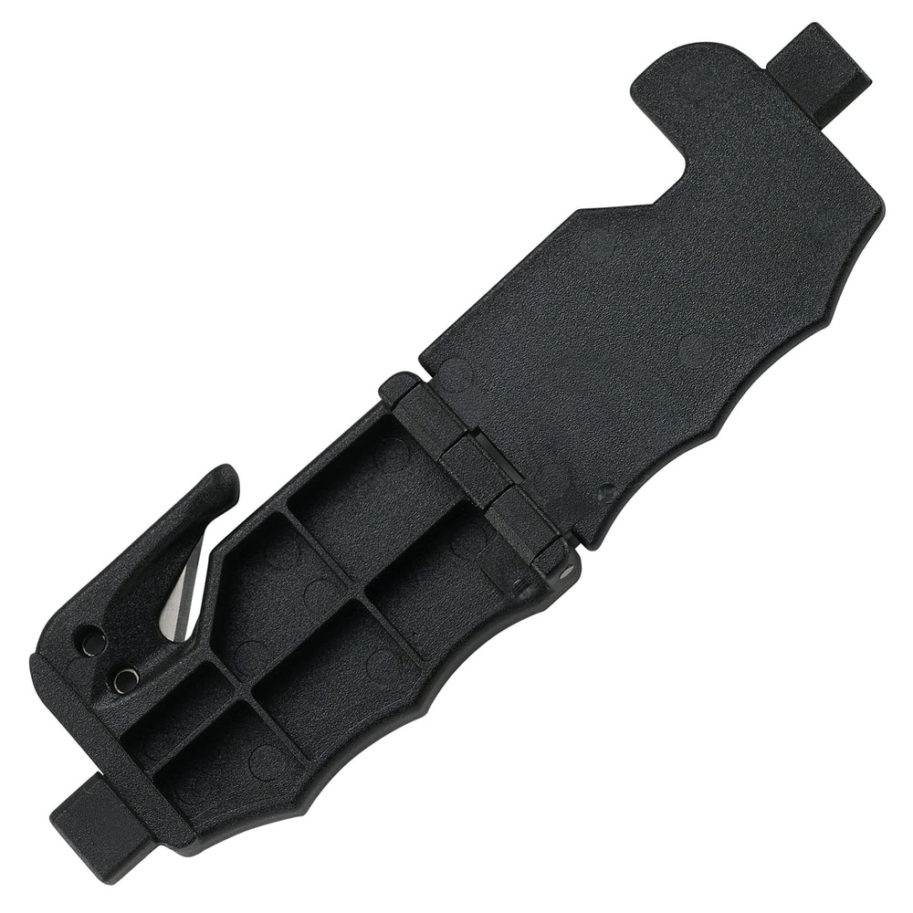 CRKT close-up of seatbelt clasp demonstrating secure mount and fast deployment