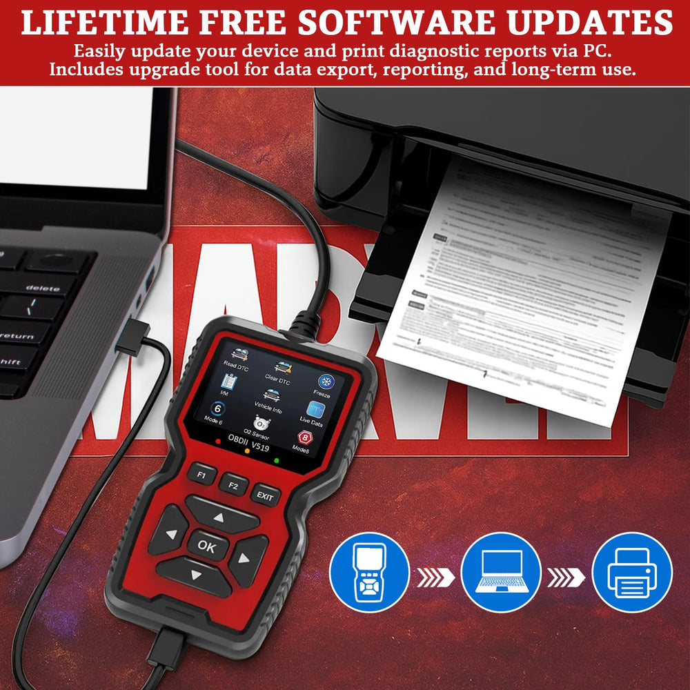 CrysGuard V519 OBDII connector and cable plugged for plug-and-play testing